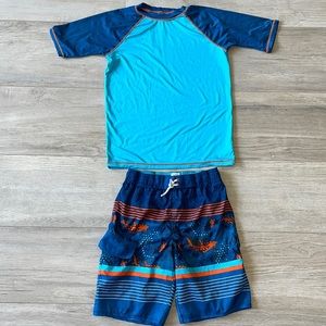 L(12-14) Wonder Nation SPF50 Boys Short sleeve Rush Guard Swim Shirt +pant set